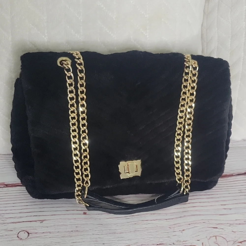 International Concepts INC Elegant Black Faux Fur Chain Shoulder Bag